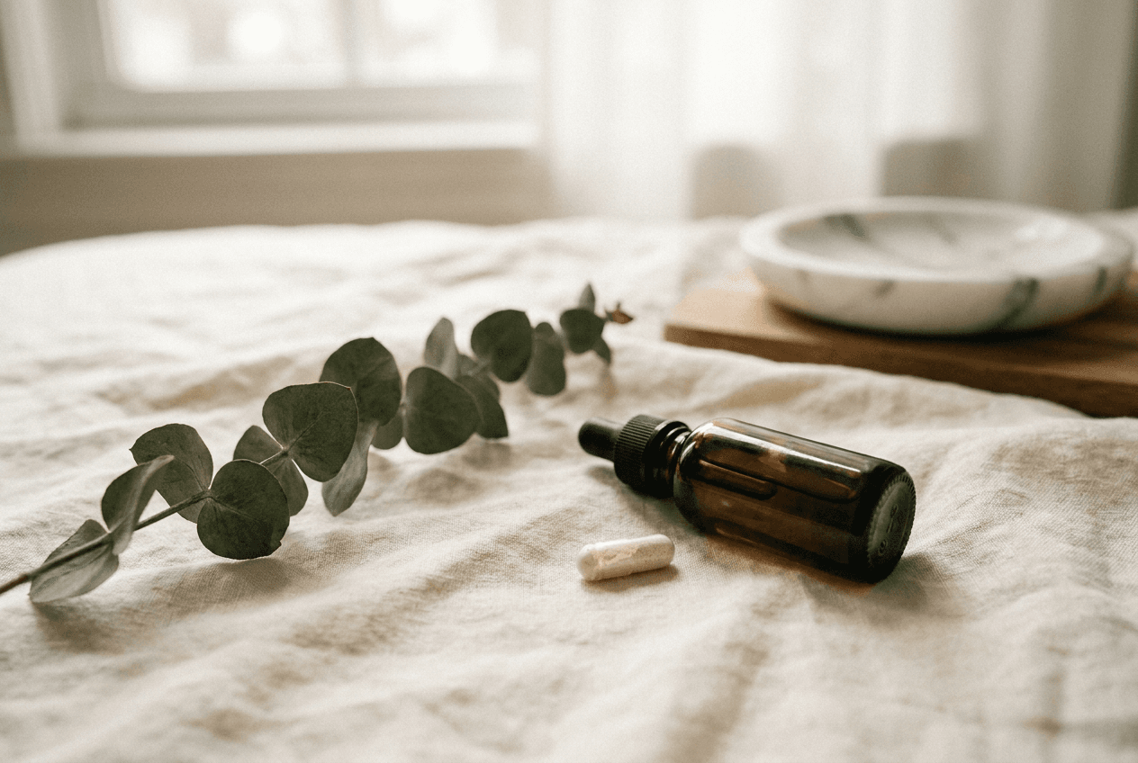 An amber dropper bottle and a single capsule on cream linen beside a sprig of eucalyptus, soft morning light.