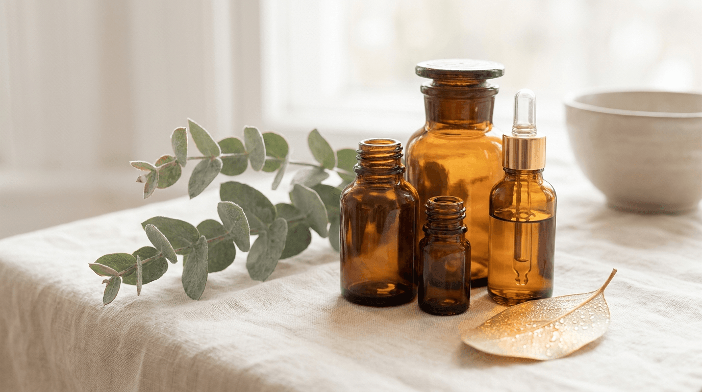 Amber apothecary vials and a glass dropper bottle on cream linen beside a trailing sprig of eucalyptus catching soft light, evoking cellular renewal.