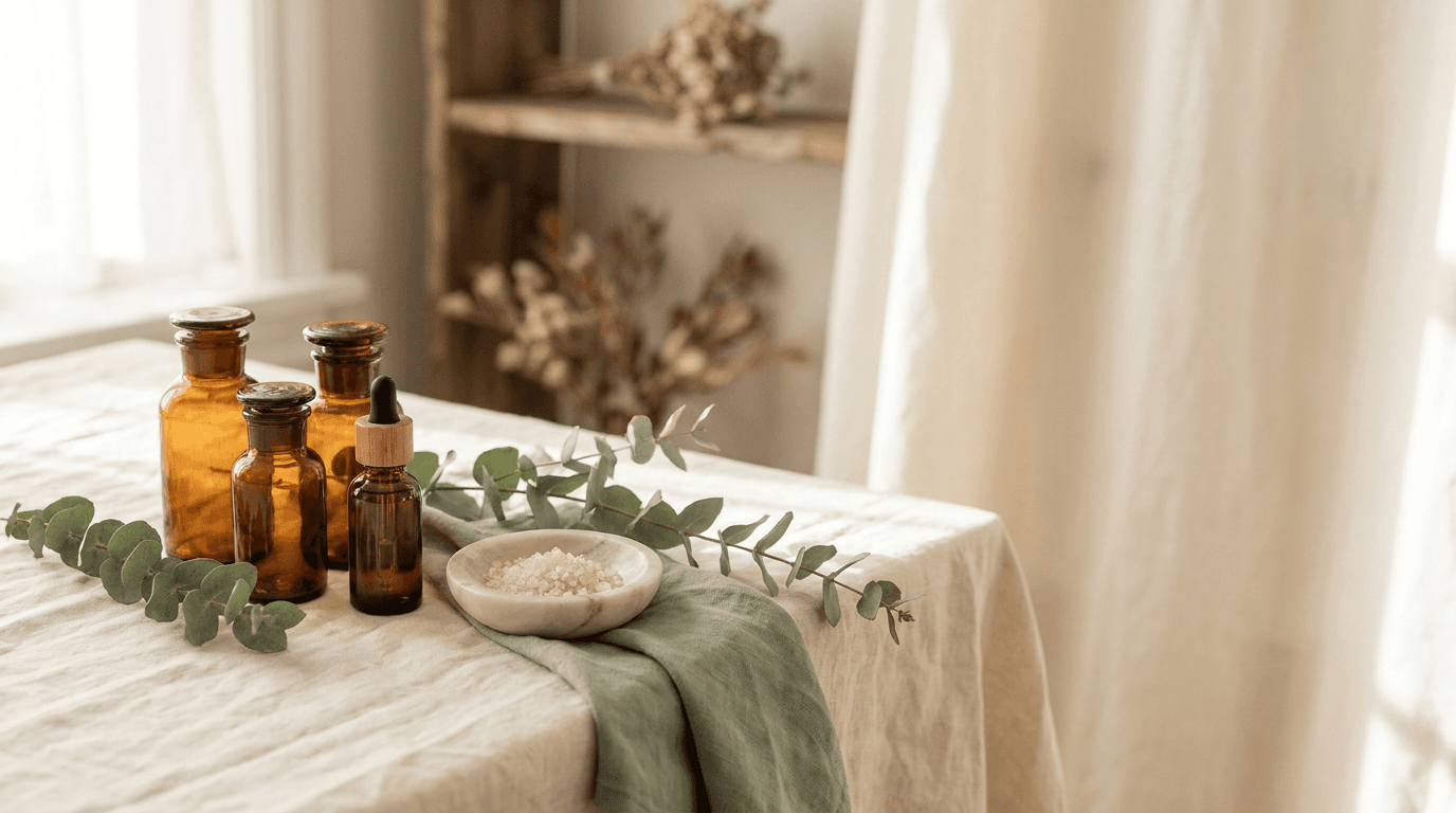 Amber apothecary vials and a glass dropper bottle on cream linen beside a trailing sprig of eucalyptus, soft morning light.