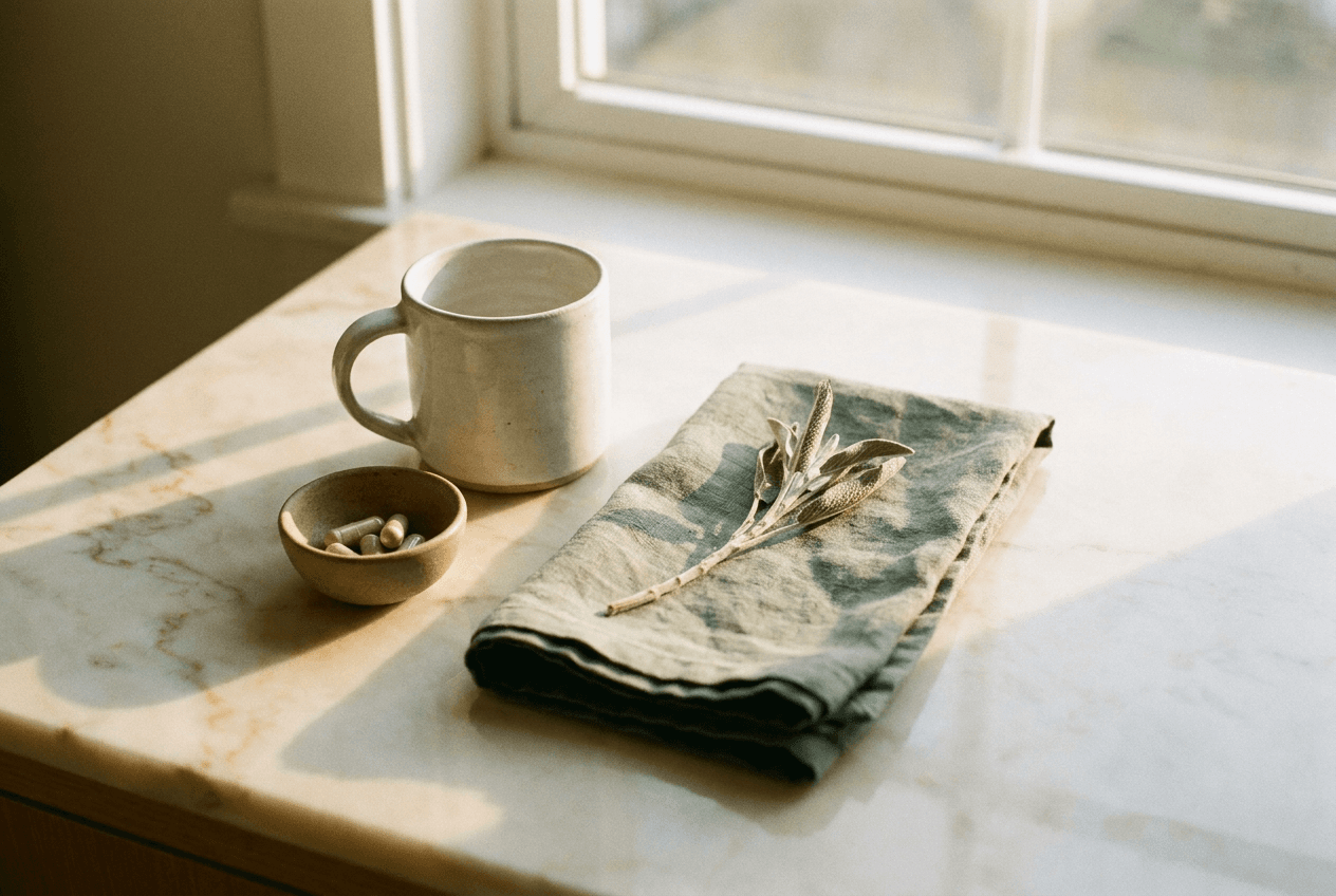 A ceramic cup, a small dish of supplements, and a folded linen cloth on a sunlit marble counter.