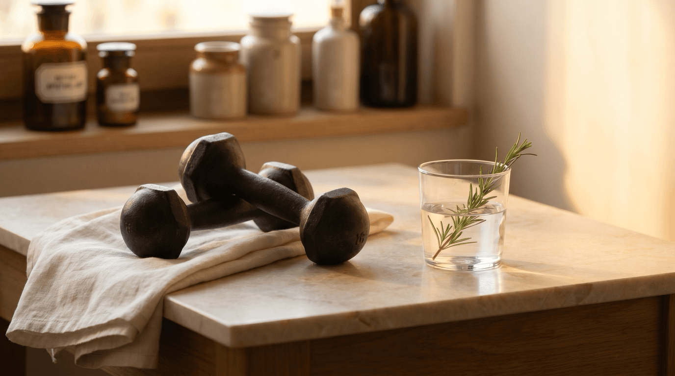 A pair of cast-iron dumbbells resting on cream linen beside a glass of water and a sprig of rosemary in soft morning light, evoking strength and metabolic vitality.