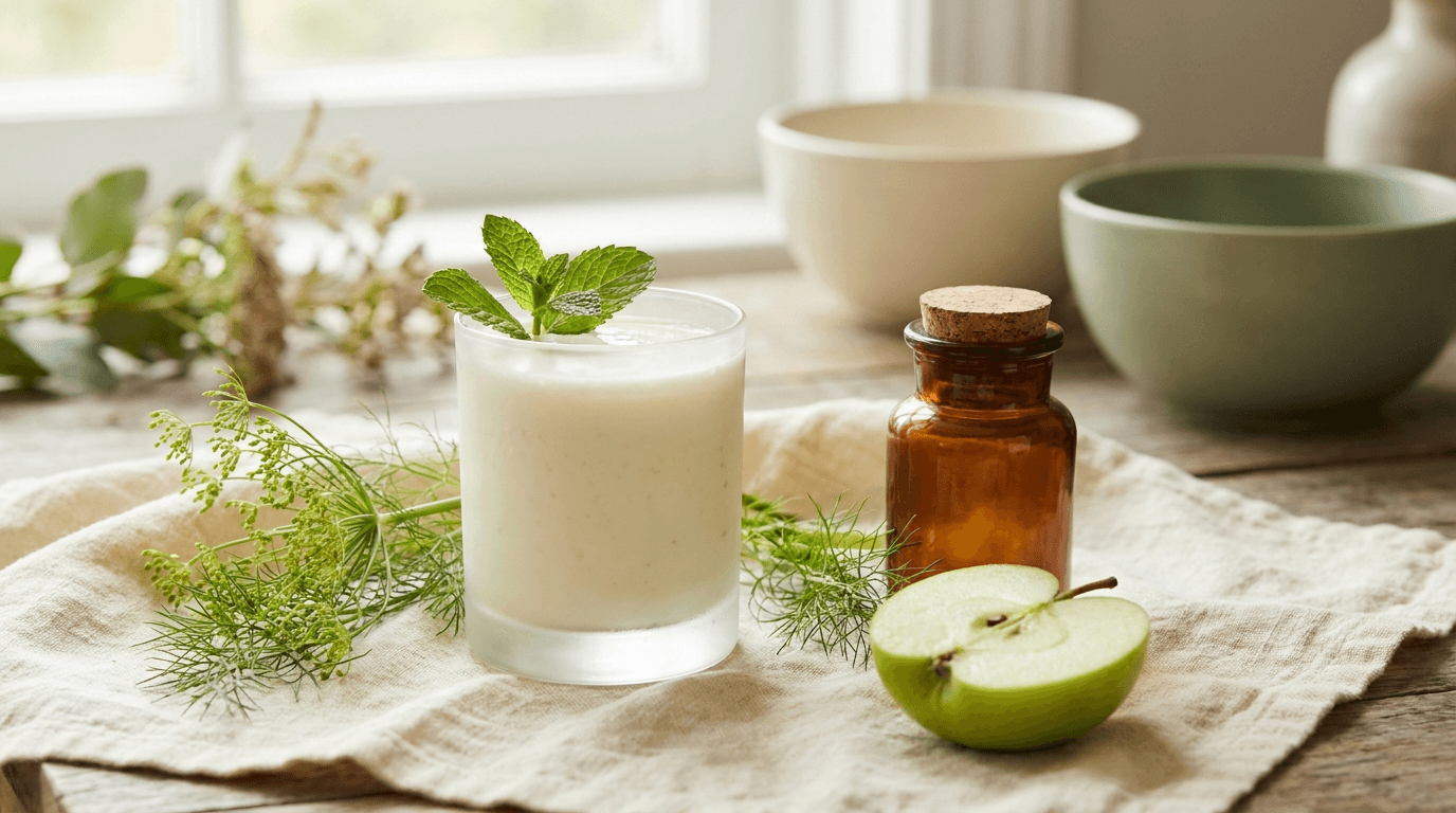 A frosted glass of pale probiotic drink beside fennel fronds, a halved green apple, and mint on warm cream linen, soft morning light.